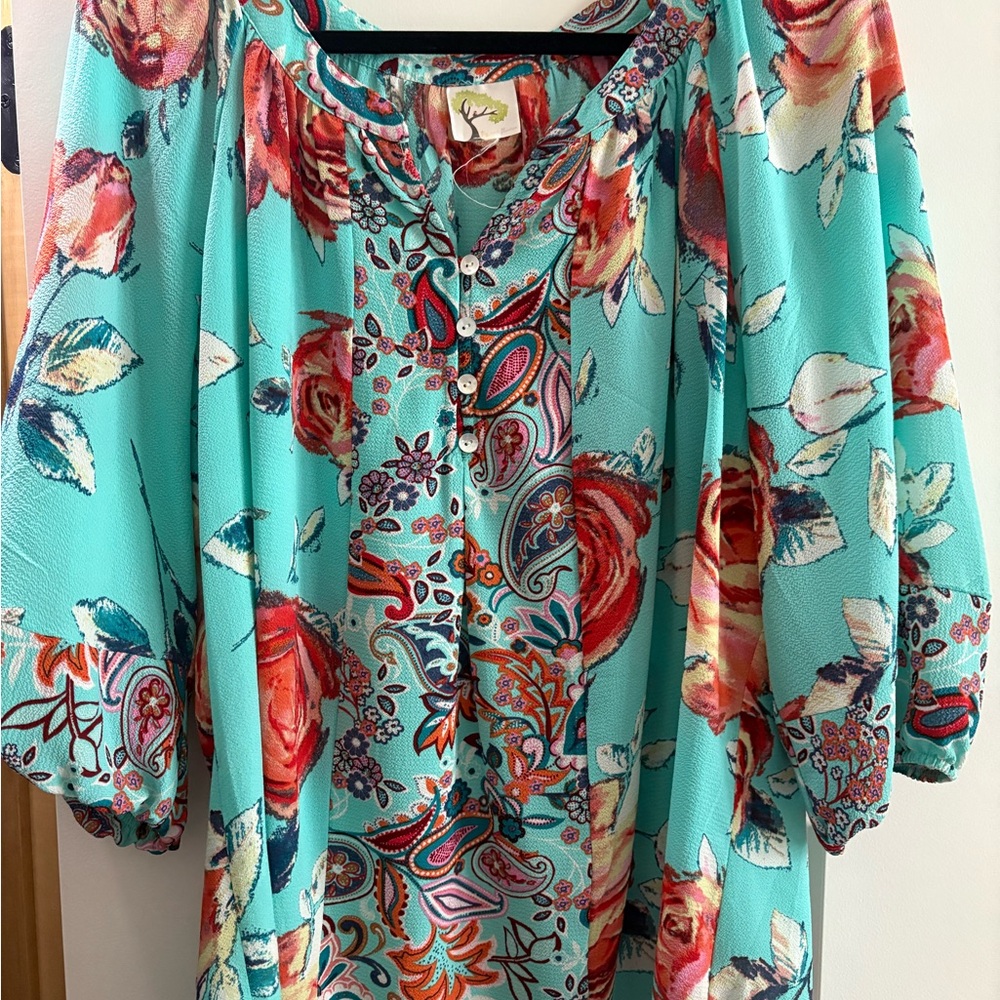 Fig and Flower Turquoise Floral Blouse 1X